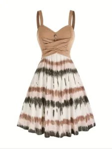 

Женское модное мини-платье с принтом тай-дай размера плюс 1XL-5XL, вечерние платья трапециевидной формы без рукавов с высокой талией и пуговицами