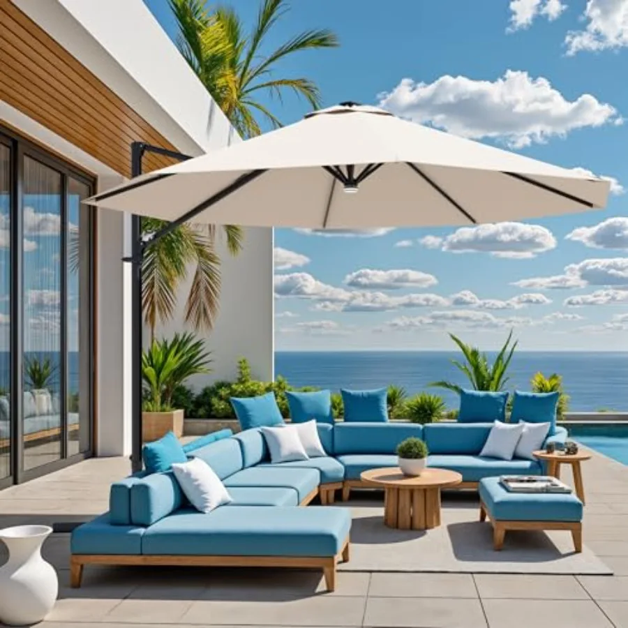 10Feet Outdoor Patio Umbrella with High Pedel and 4 Gear Heights, Large Offset Umbrella with Solar LED and 360-degree Rotation,