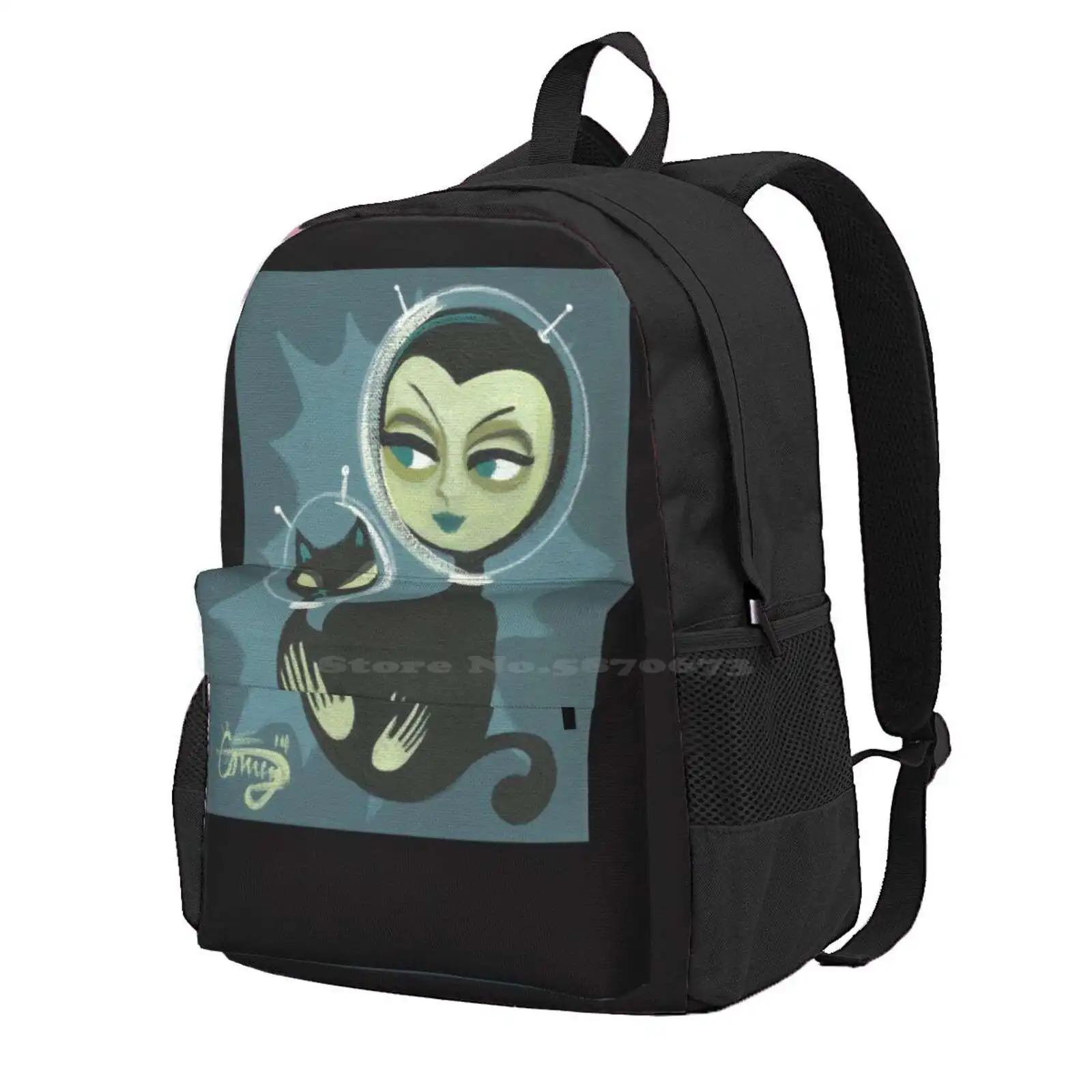 Martian Beauty Hot Sale Schoolbag Backpack Fashion Bags Retro Space Mars Martian Pinup Girl Futuristic Cat Rocket Ufo Alien