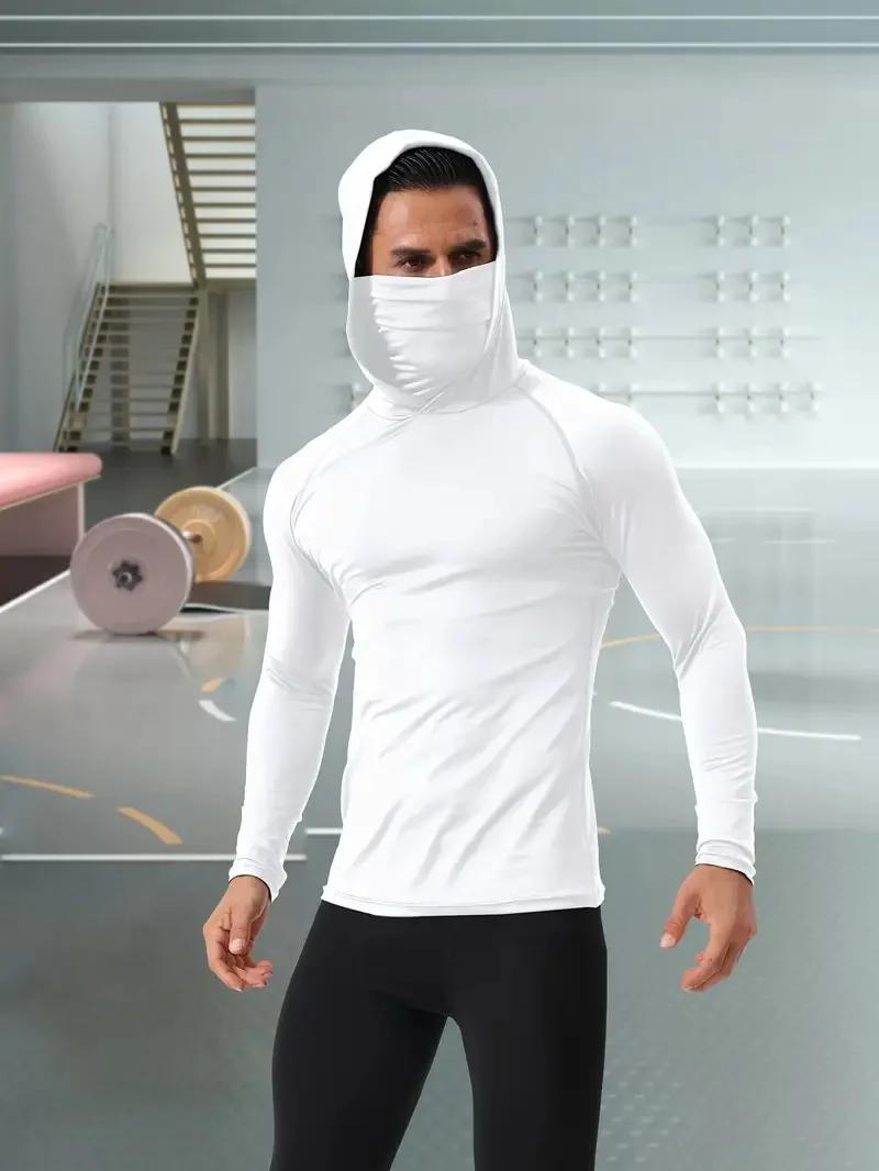 

2026 Men's High Neck Hooded T Shirt Quick Drying Windproof Outdoor Compression Top with Mask for Sports And Fitness
