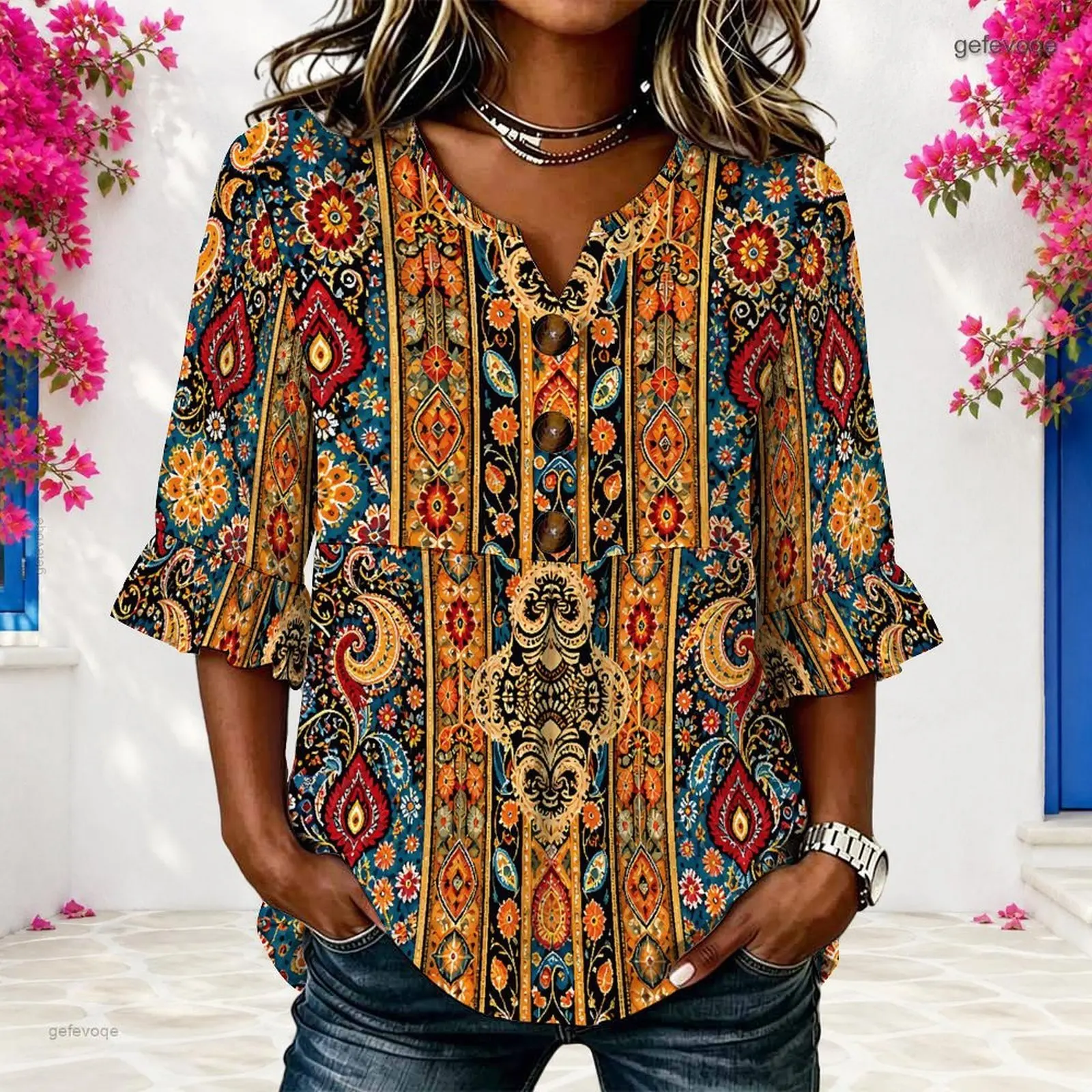 Women Boho Ethnic Floral Paisley Printed Notch V Neck 3/4 Ruffle Sleeve Button Front Blouse