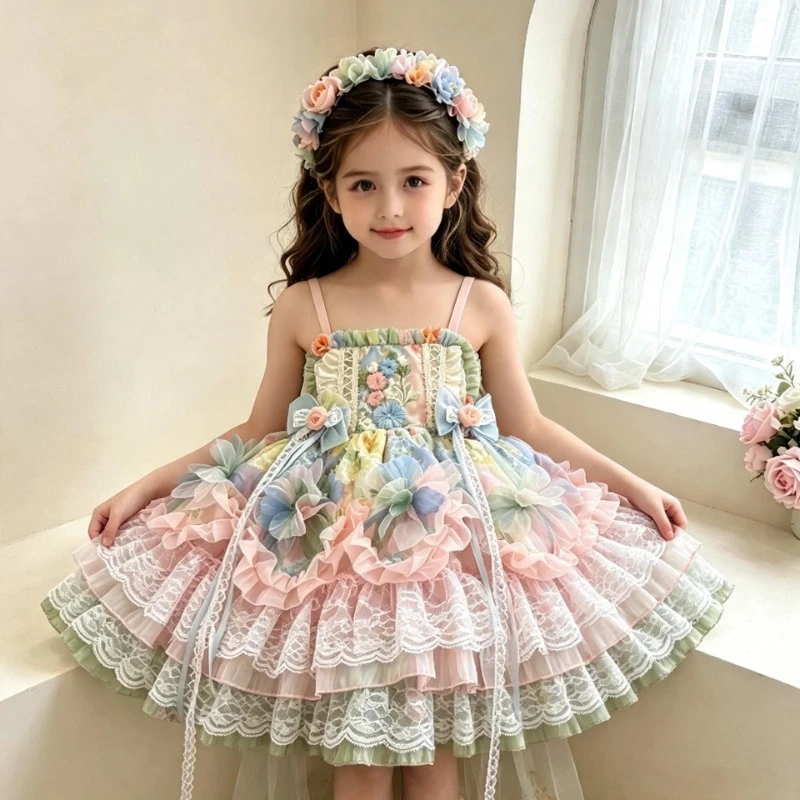 Kids Lolita Dress Ruffle Collar Multi‑Layer Lace Ruffled Skirt Floral Headband Fairy Princess Outfit Girls Birthday Costume