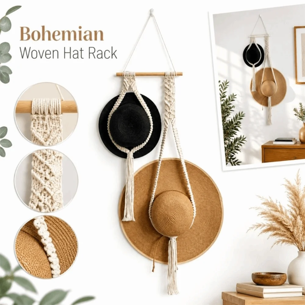New Bohemian Hat Rack Handmade Woven Wall Mounted Hat Organizer Wood Hat Holder Home Storage