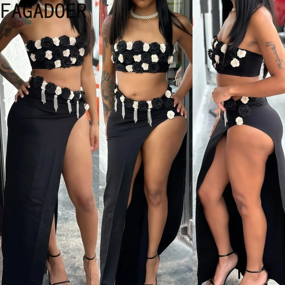 

FAGADOER High Quality Sexy Flower Patchwork 2 Pieces Set for Woman Sleeveless Backless Crop Top and Skirt Suit Female Streetwear
