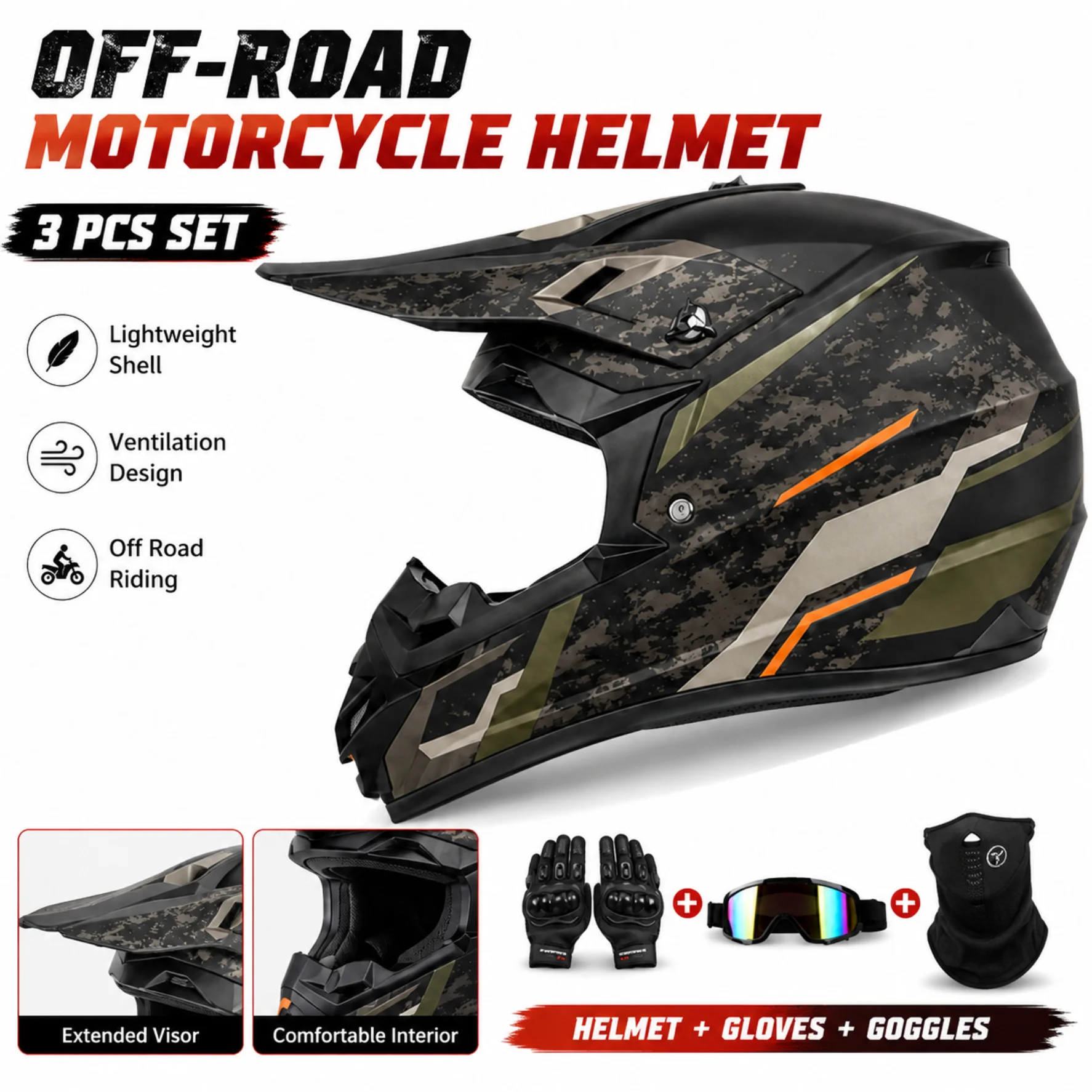 Off Road Motocross Helmet Goggles Set - Casco Integrale per Moto Fuoristrada, Casco
