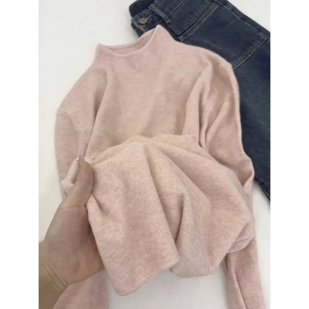

Korean Sle Soft Long Sve f High Collar Simple Sweater Top Fufu Warm Commute Sle Pure Color Polyester Spandex Knitted