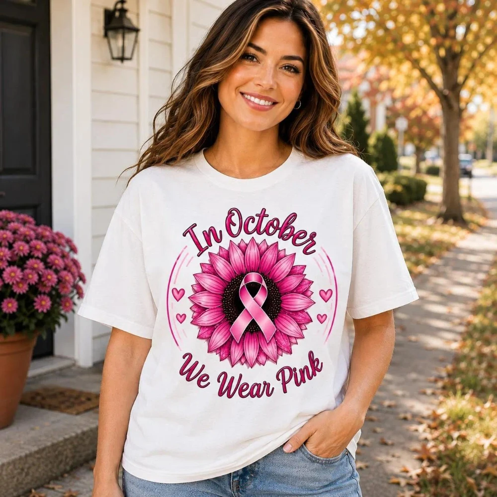 In October, we wear the sunflower breast cancer awareness short-sleeved round-neck casual slogan T-shirt.