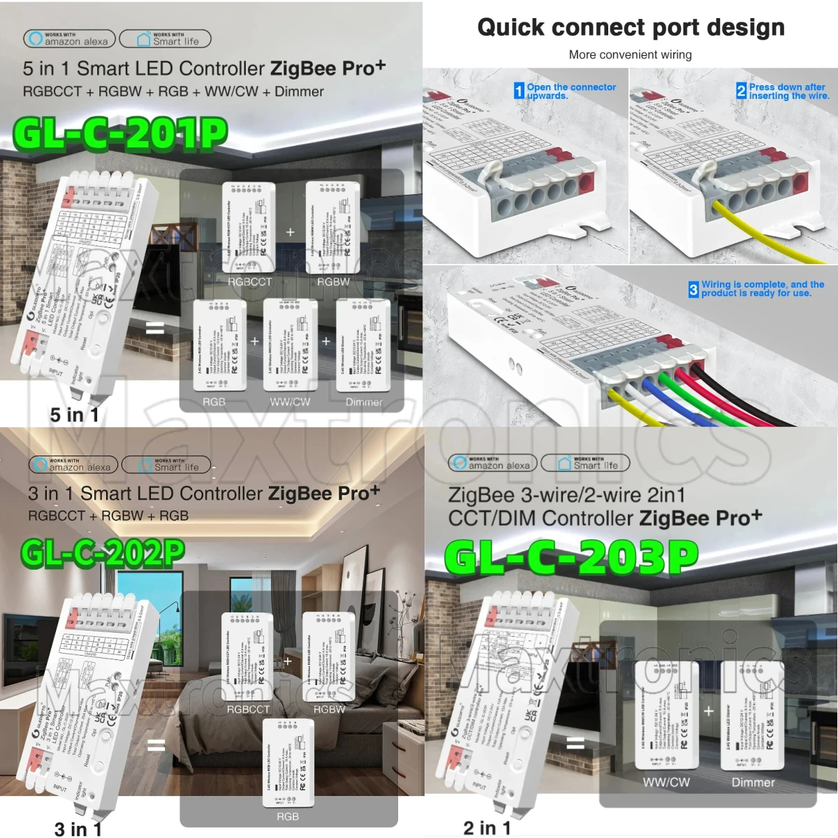 Tuya Smart APP GL-C-201P/202P/203P ZigBee 3.0 Pro+ 5/3 in 1 Controller 20A Max Voice Control RGBCCT/RGBW/RGB LED Strips Lamps