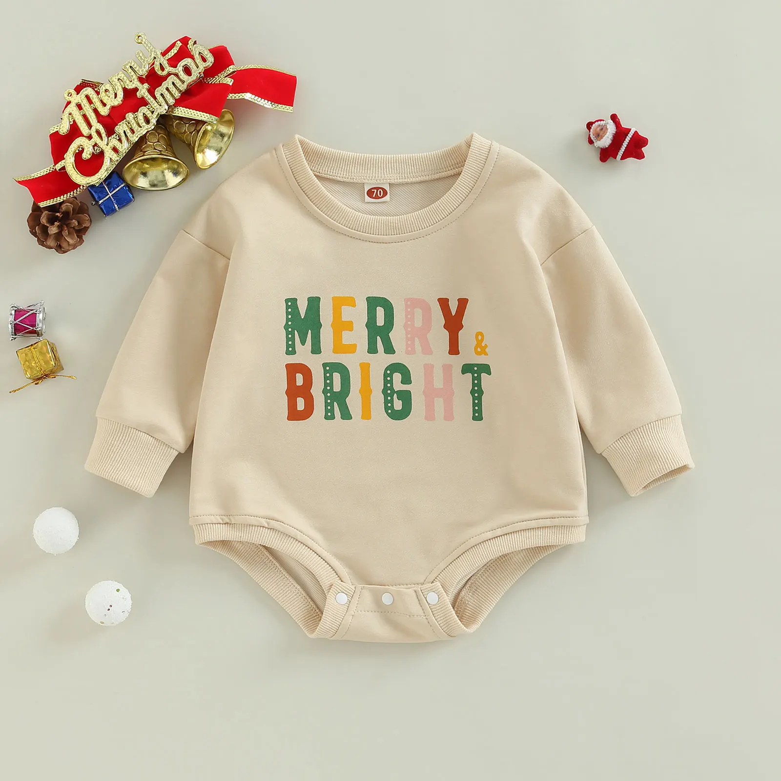 Infant Christmas Outfit Baby Boy Girl Christmas Romper Bodysuit Letter Print Long Sleeve Crewneck Pullover Sweatshirt Top