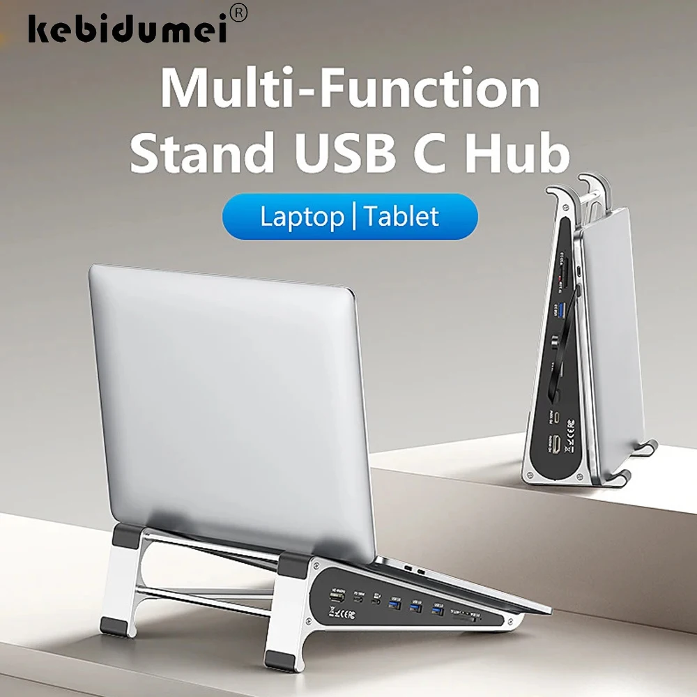 

KEBIDUMEI Aluminum Laptop Stand with 4K 60Hz HD SD/TF Card Reader USB 3.0 5Gbps 100W PD Charger Type-C Hub Docking Station