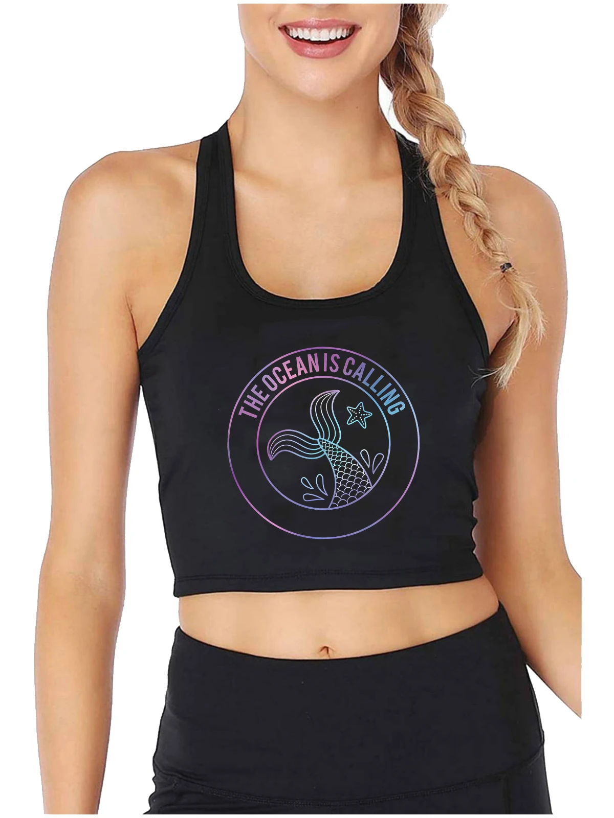 The Ocean Is Calling Mermaid Gradient Graphic Sexy Slim Crop Top Girl's Lovely Beach Leisure Tank Tops Funny Naughty Camisole