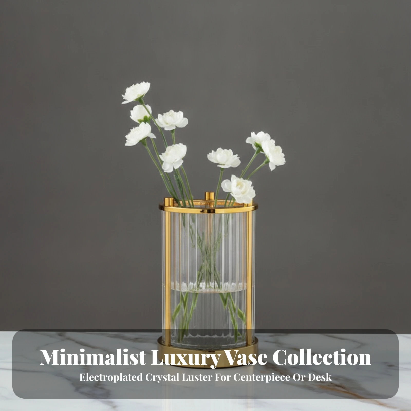 Ribbed Vase with Metal Frame Clear Fluted Vase with Gold Base Vessel Sturdy Decor Minimalist for Decorators, Tabletop