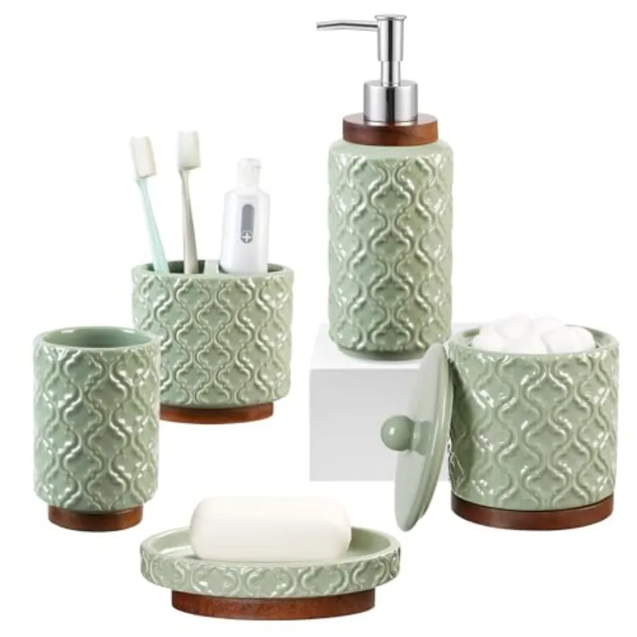 

Elegant 5 PCS CeramicandWood Bathroom Accessories Set:Soap Dispenser, Toothbrush Holder, Tumbler, Soap Dish, Cotton Swab Jar, E