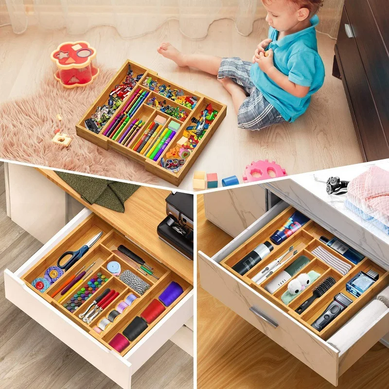Expandable Bamboo Cutlery Tray Drawer Divider Box, Fork, Spoon, Chopsticks Storage Box, Cutlery Divider Storage Rack Organizer,