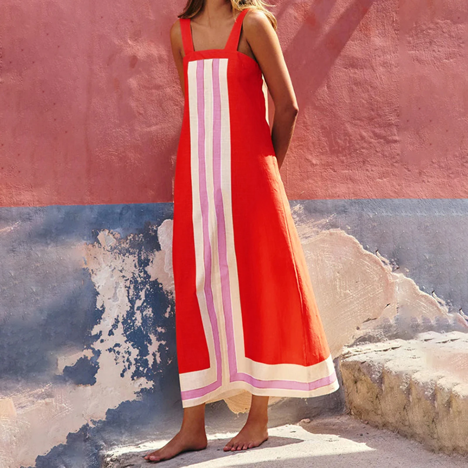 Vakantie Dames Gestreepte Patchwork Lange Tankjurk Losse Vierkante Hals Mouwloze A-lijn Jurk voor Dagelijks Reisfeest