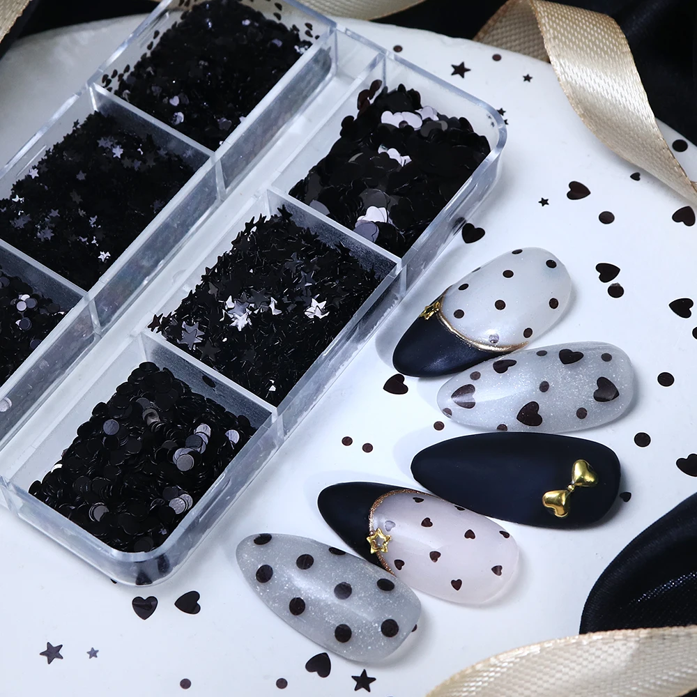 อุปกรณ์ตกแต่งเล็บแบบกลิตเตอร์สีดำขนาดเล็ก รูปหัวใจ ดาว วงกลม สำหรับทำเล็บสไตล์ดาร์ก DIY