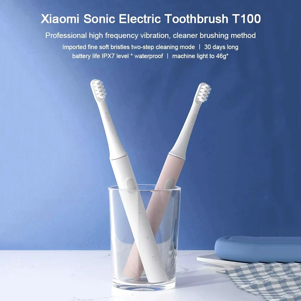 Xiaomi mijia sonic escova de dentes elétrica t100, bateria de 30 dias, vibração de 16500rpm, usb recarregável ipx7 escovas de dentes à prova