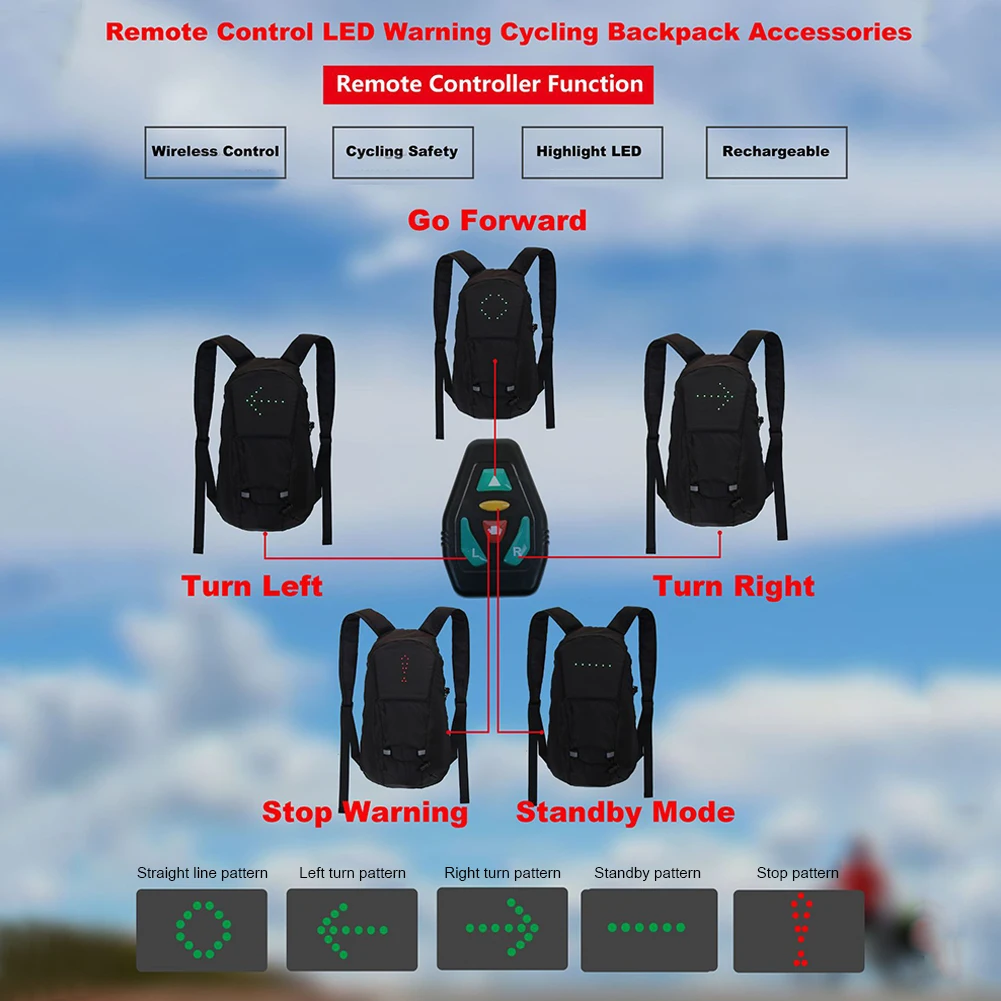 Borsa da ciclismo MTB Indicatore di direzione a LED di sicurezza Telecomando senza fili Bicicletta Guida notturna Corsa Zaini di avvertimento da campeggio