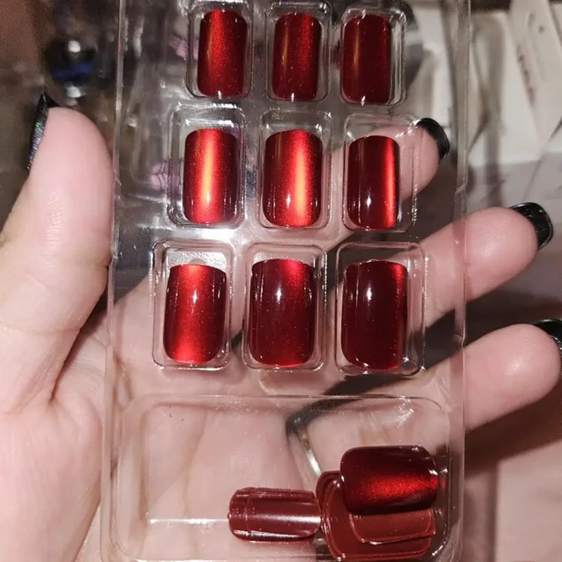 24pcs Red Cat\'s Eye Short Square Press On Nails Full Cover Fake Nails for Women and Girls with Nail File and Jelly Glue