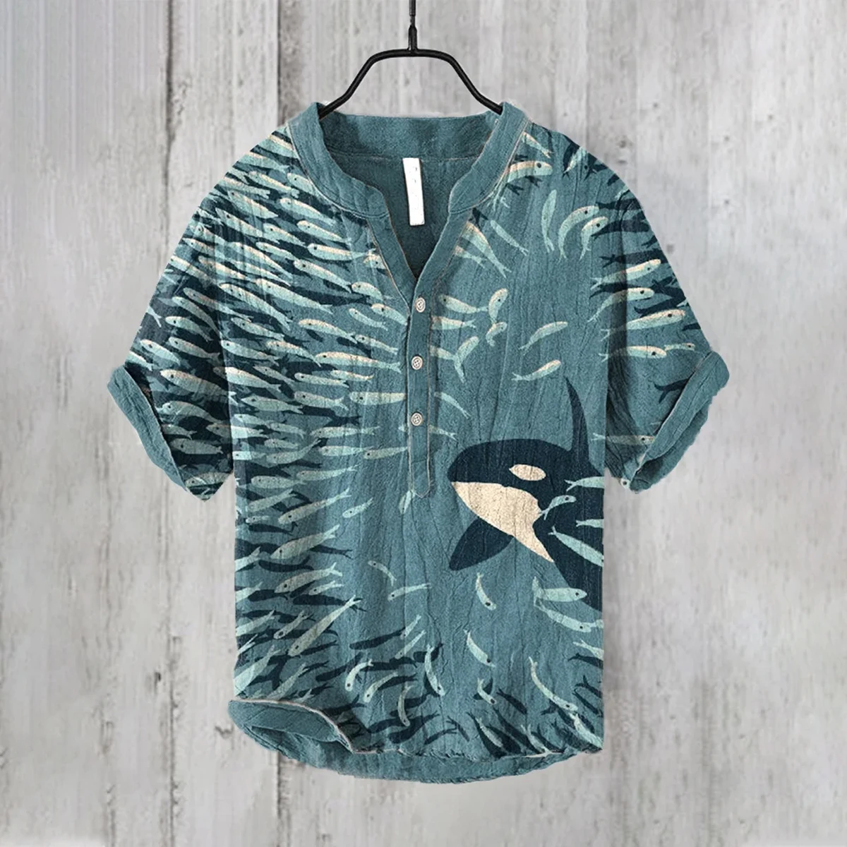 Linen short-sleeved shirt men\'s casual comfortable printed V-neck Hawaiian Ocean Wave series oversized size S-6XL fast delivery