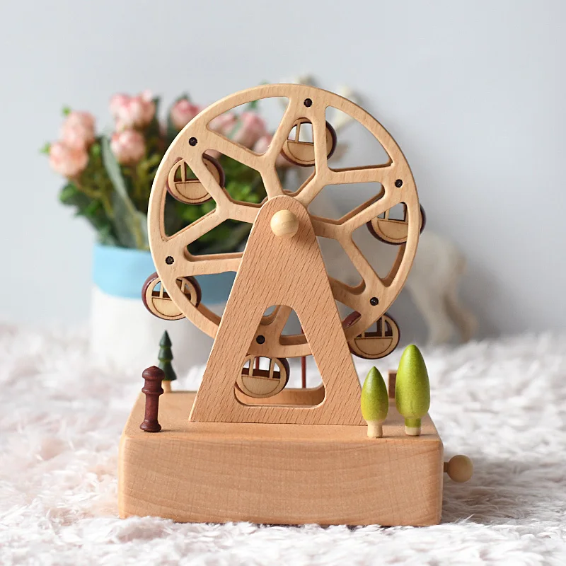 Custom logo mechanical clockwork movement Ferris wheel music box with square solid beech base