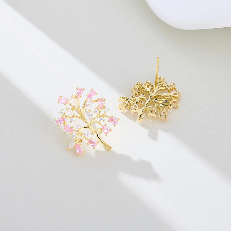 Легкий роскошный стиль, медные инкрустированные цирконом, денежное дерево, индивидуальный креативный дизайн, элегантные серьги-гвоздики