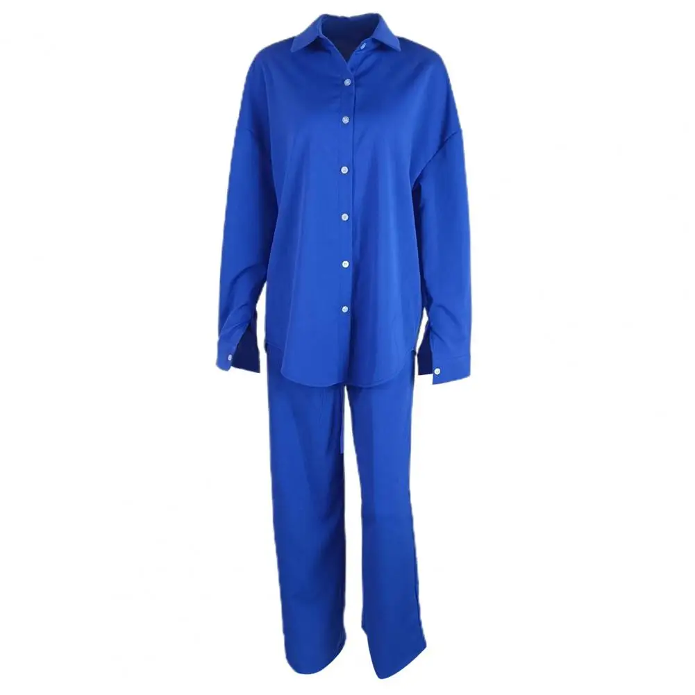 Casual Wide-leg Pants Suit Women's Casual Homewear Set with Loose Drawstring Pants Long Sleeve Shirt Soft Breathable Fabric