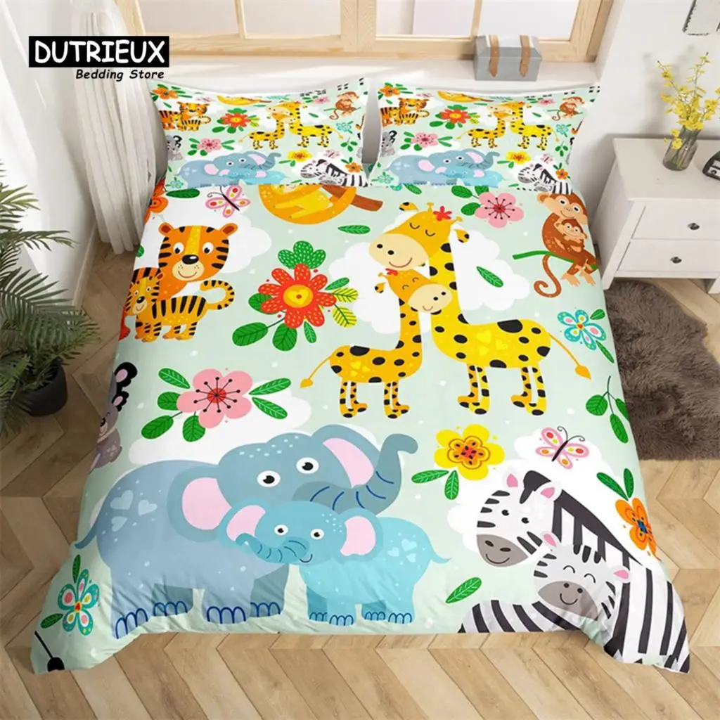 

Cartoon Animal Duvet Cover Set Giraffe Elephant Sloth Tiger Zebra Monkey King Bedding Set Floral Lovely Animal Print Quilt Cover