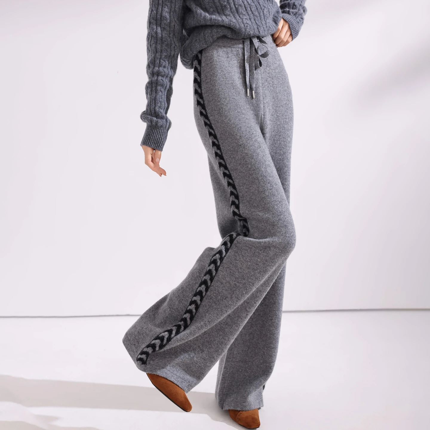 Women's Autumn Winter 100% Merino Wool Wide Leg Pants, Knitted Straight Leg Pants, Fashionable Twisted Flower Casual Thick Pants