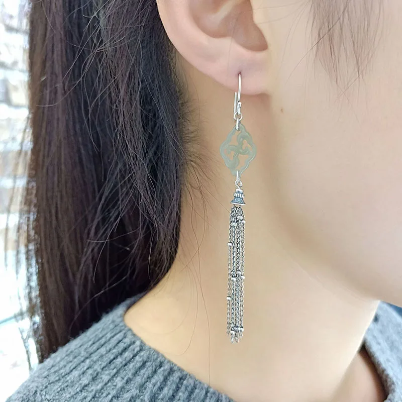 

FNJ 925 Silver Natural Hetian Jade Earrings for Women Jewelry 100% S925 Sterling Silver Drop Earring Tassel