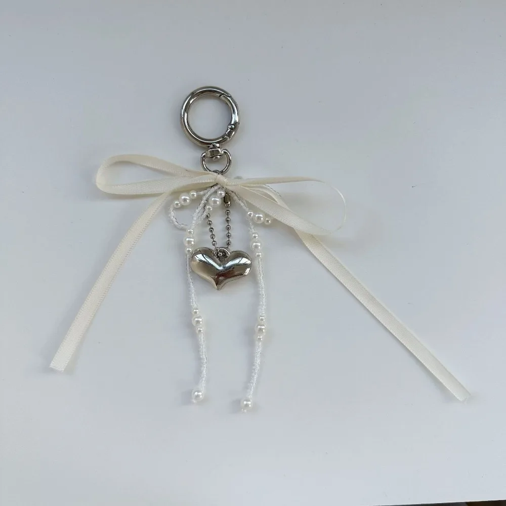 Alloy Pearl Bow Key Ring Heart Bag Accessories Ribbon Beaded Keychain Handmade Hanging Accessories Y2k Bag Pendant Gift