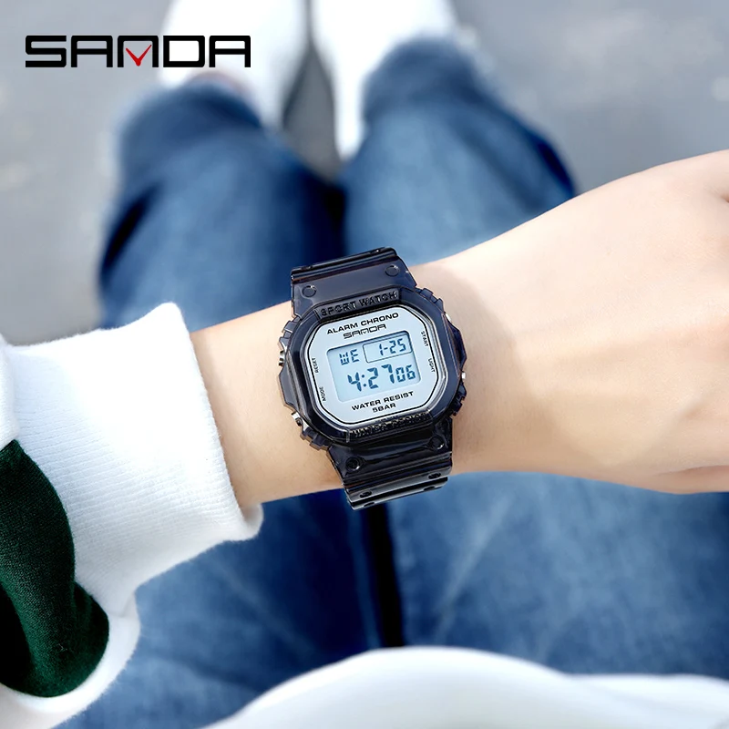 SANDA Fashion Sport Watch Women Transparent strap LED Digital Clock Ladies Electronic Watch Reloj Mujer Relogio Feminino 2009