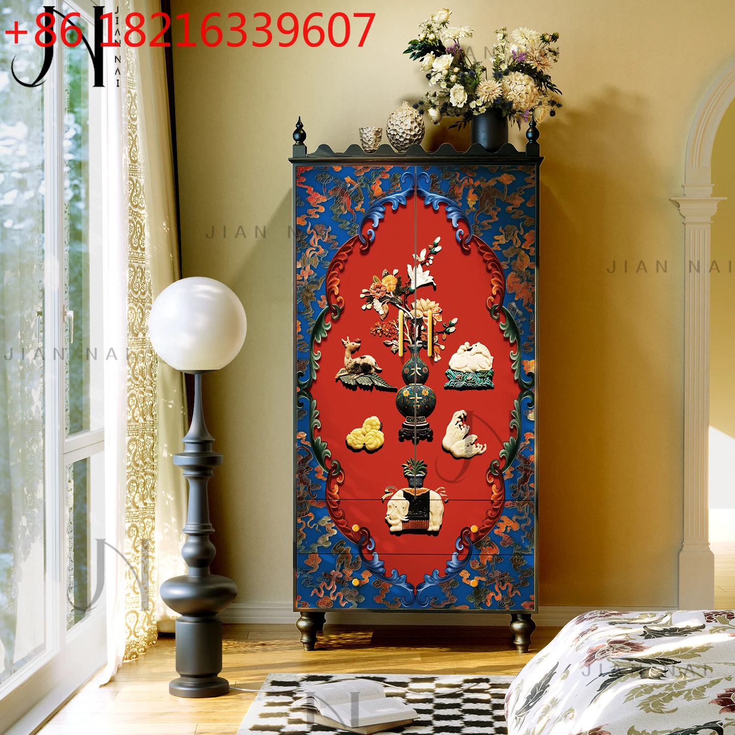 

French Chinese style treasure map solid wood wardrobe storage decorative cabinet bedroom six-drawer cabinet