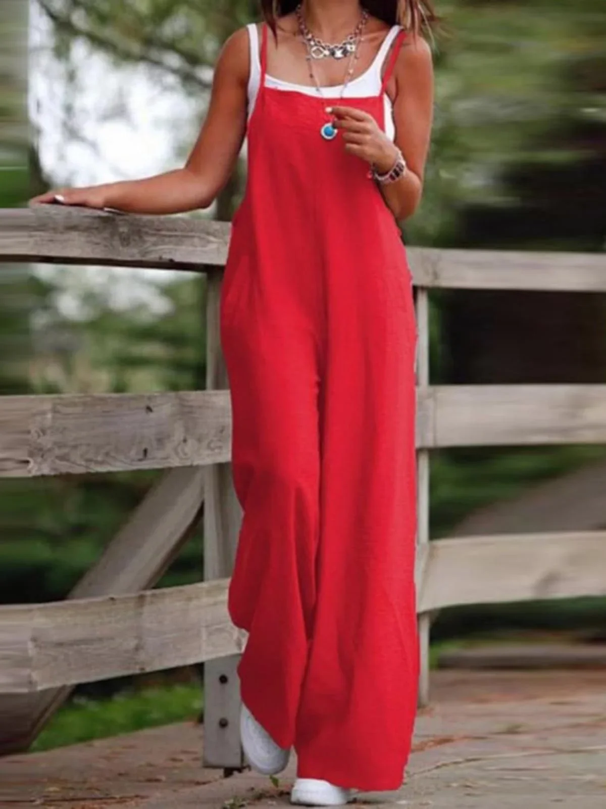 Jumpsuit Wanita Musim Panas Jumpsuit Wanita Kaki Lebar Tanpa Lengan Punggung Terbuka Saku Selangkangan Dalam Jumpsuit Wanita Panjang Penuh