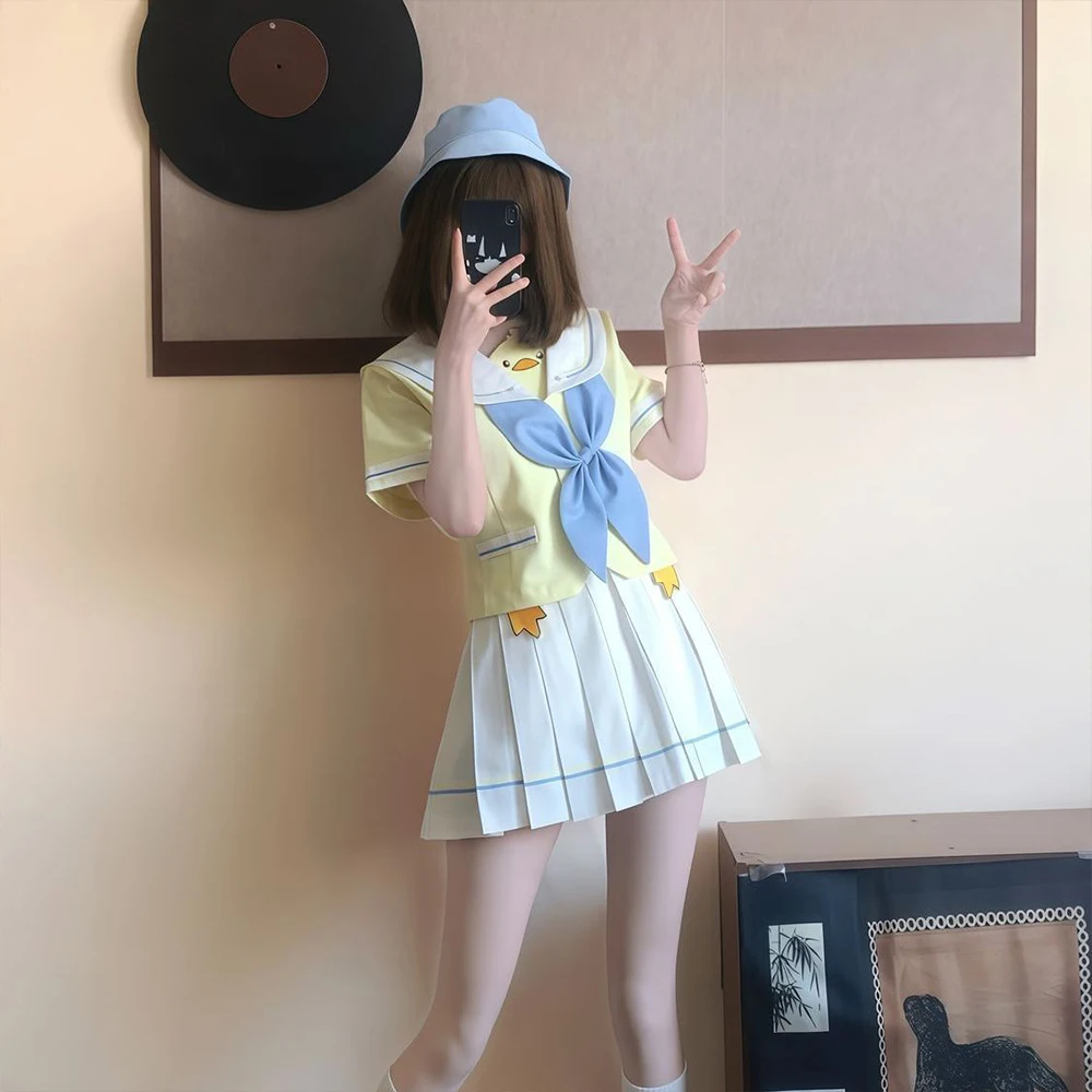 Original Japanese Cute Jk Uniform Women's Sweet Cartoon Print Navy Yellow Short Sleeve Shirt Folded Skirt Two Piece Set Summer image 3