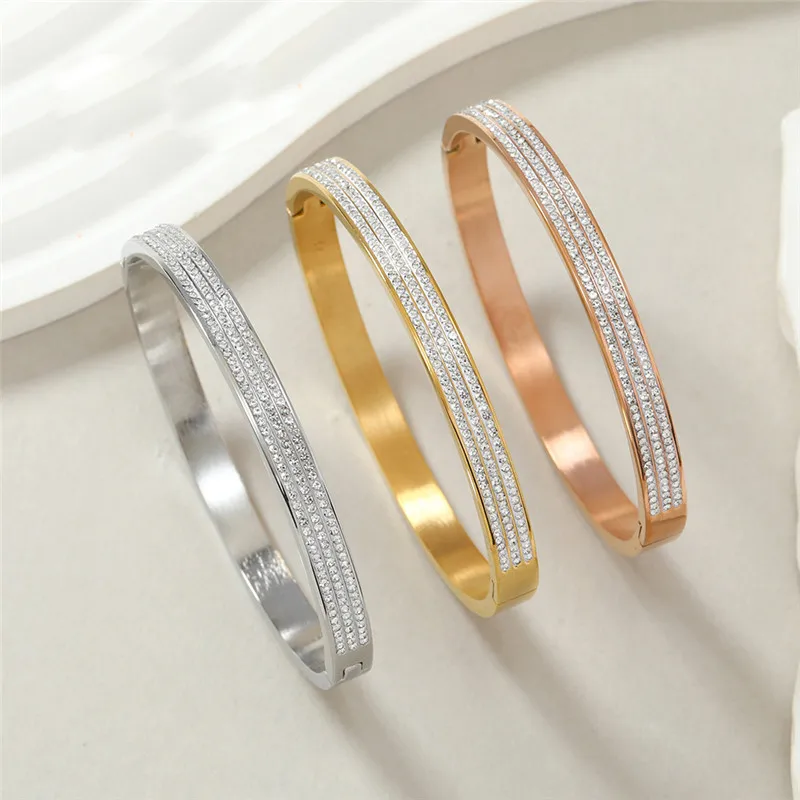 316L Stainless Steel Sky Star Elegant Micro Three Rows Crystal O-shaped Buckle Bracelet Gril Bangle Bijoux Acier Inoxidable