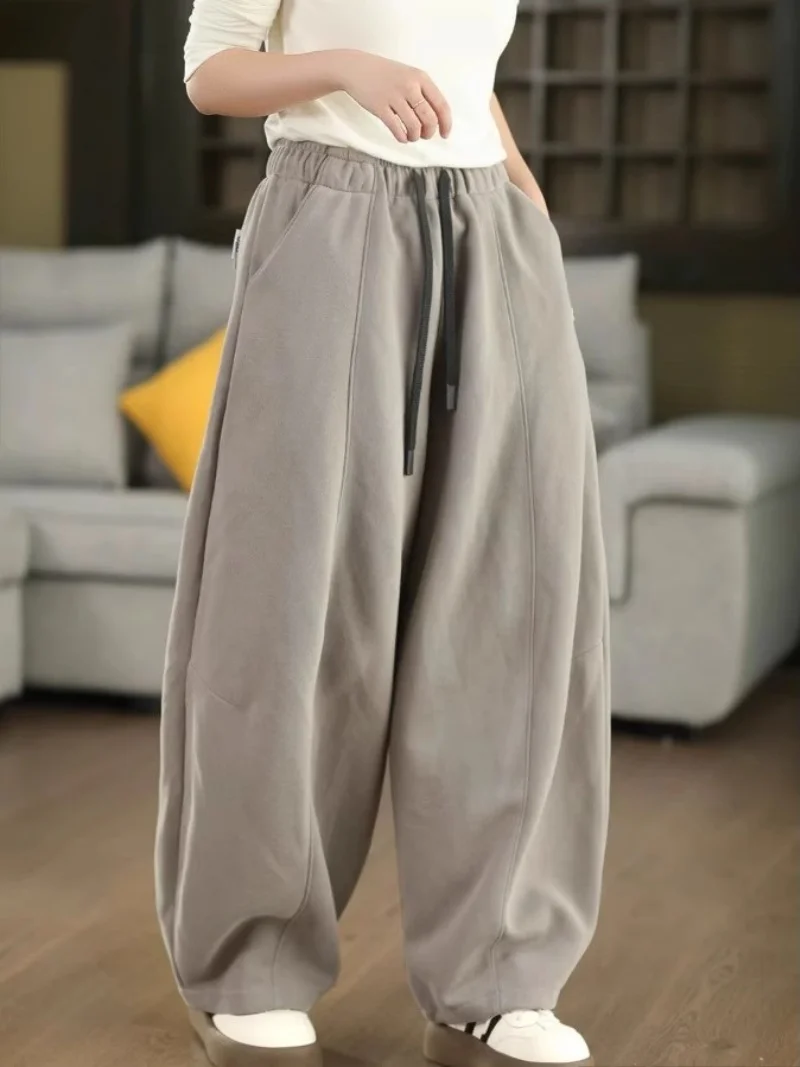 Autumn And Winter Plush Pants Women Big Size Drawstring Elastic Waist Casual Warm Thickened Fleece Sweatpants Baggy w1160