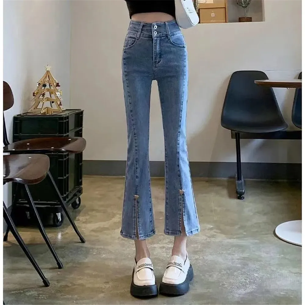 

Jeans Women Front-Slit Spliced Flare Elegant Korean Style Casual Slim Trendy Retro Stretchy Chic Ankle-Length Female Denim 2022