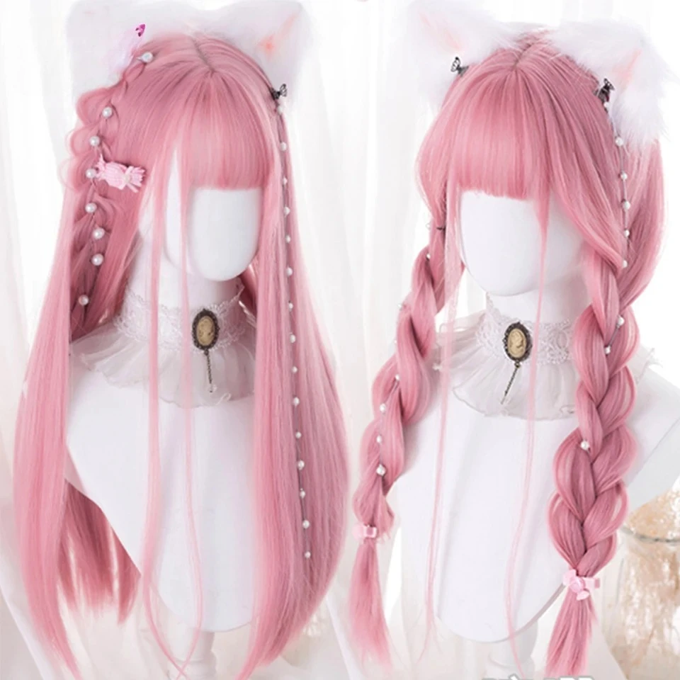 Cosplay Wig With Bangs Synthetic Straight Hair 24 Inch Long Heat-Resistant Pink Wig For Women