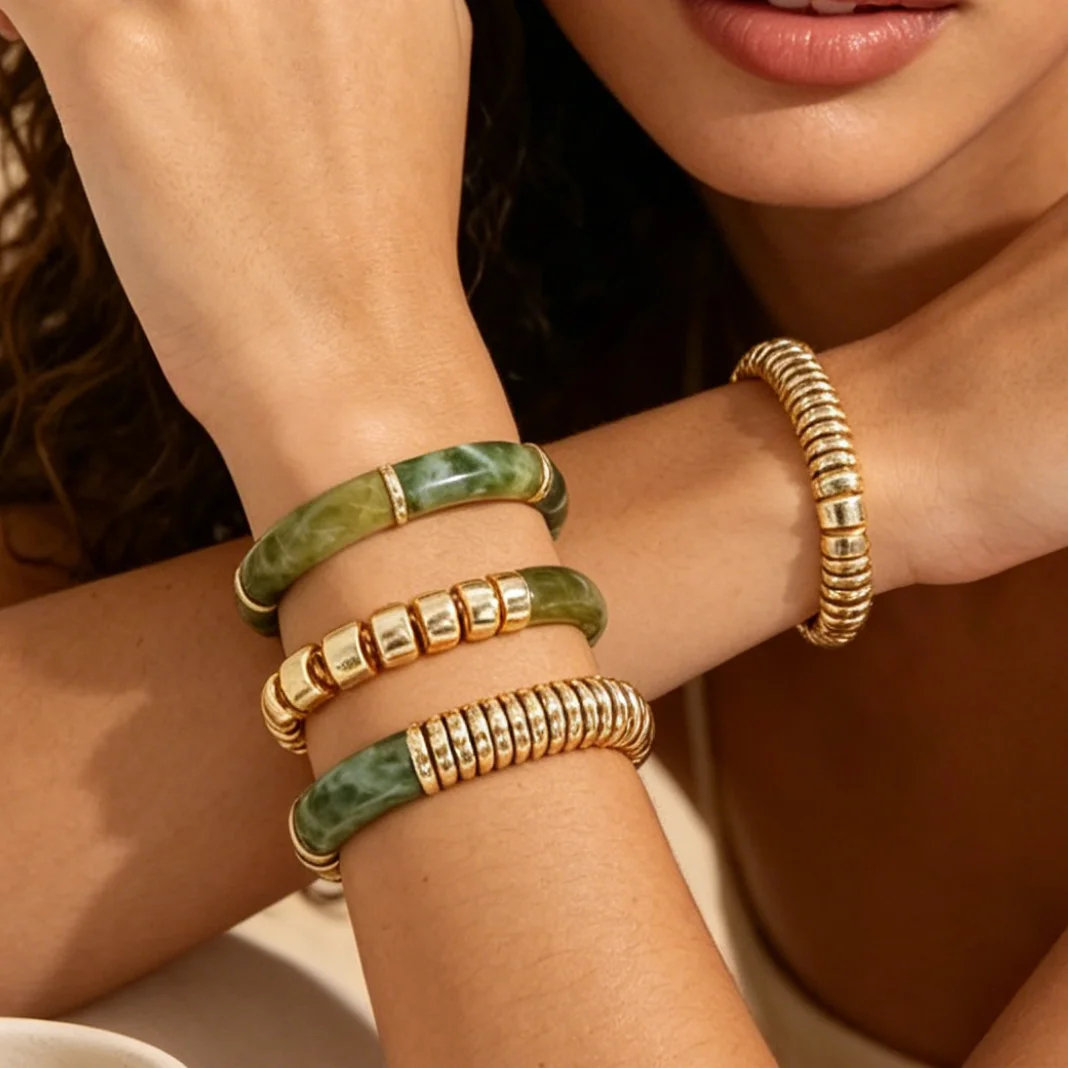Women's Acrylic Elastic Bracelet Sets Marble Design Gold Coil Accents Stackable Trendy Chunky Cuff Multicolor Options For Summer
