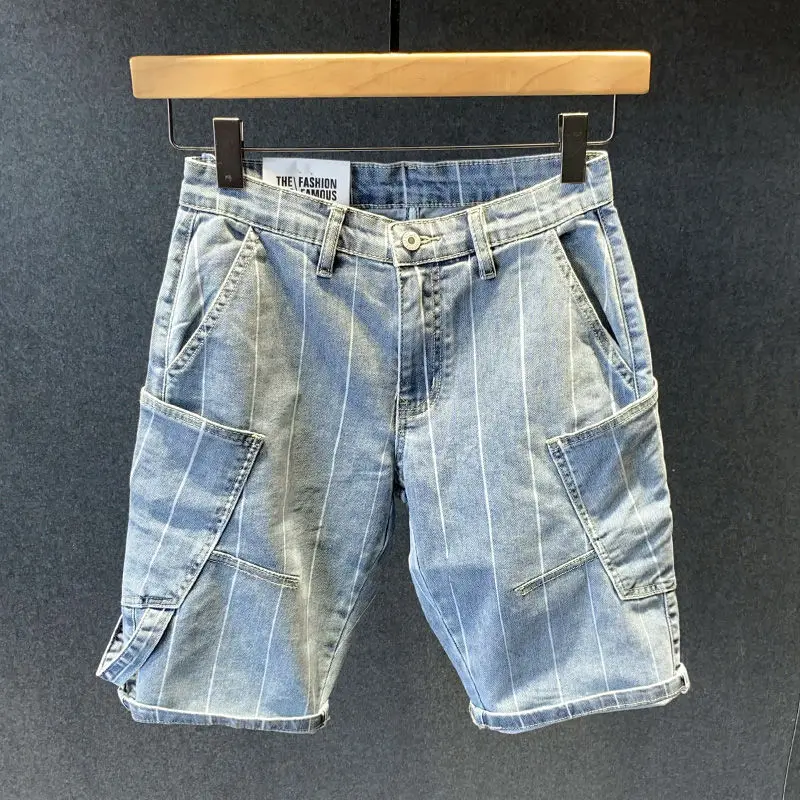 Male Denim Shorts Baggy Stripe Stretch Men\'s Short Jeans Pants Cargo Loose Graphic Wide Xl Y2k Fashion New In With Vintage