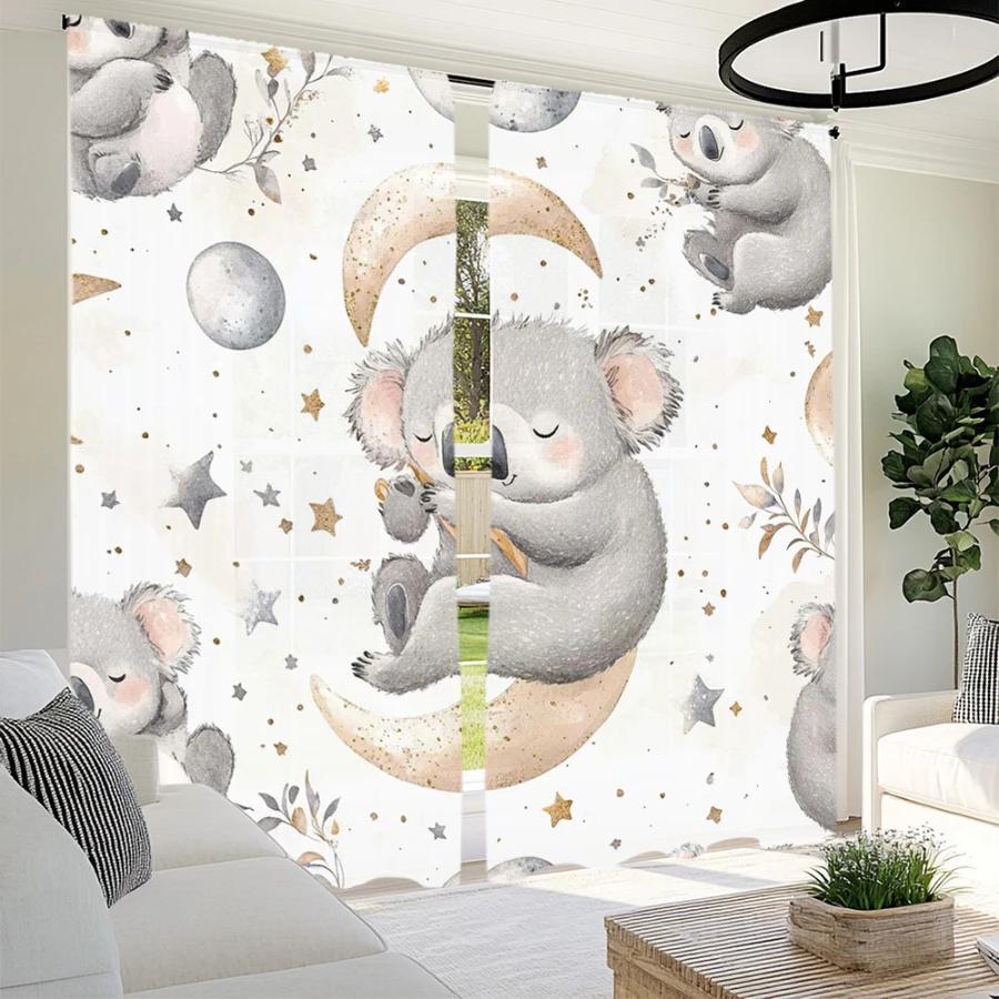2PCS Digital Printed Curtains, Starry Moon Koala Pattern, Artistic Pattern Window Drapes for Living Room Bedroom Decor