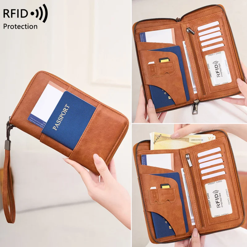 Western RFID Blocking PU Leather Passport Wallet Large Capacity Long Zipper Design Multi-function Purse for Mens