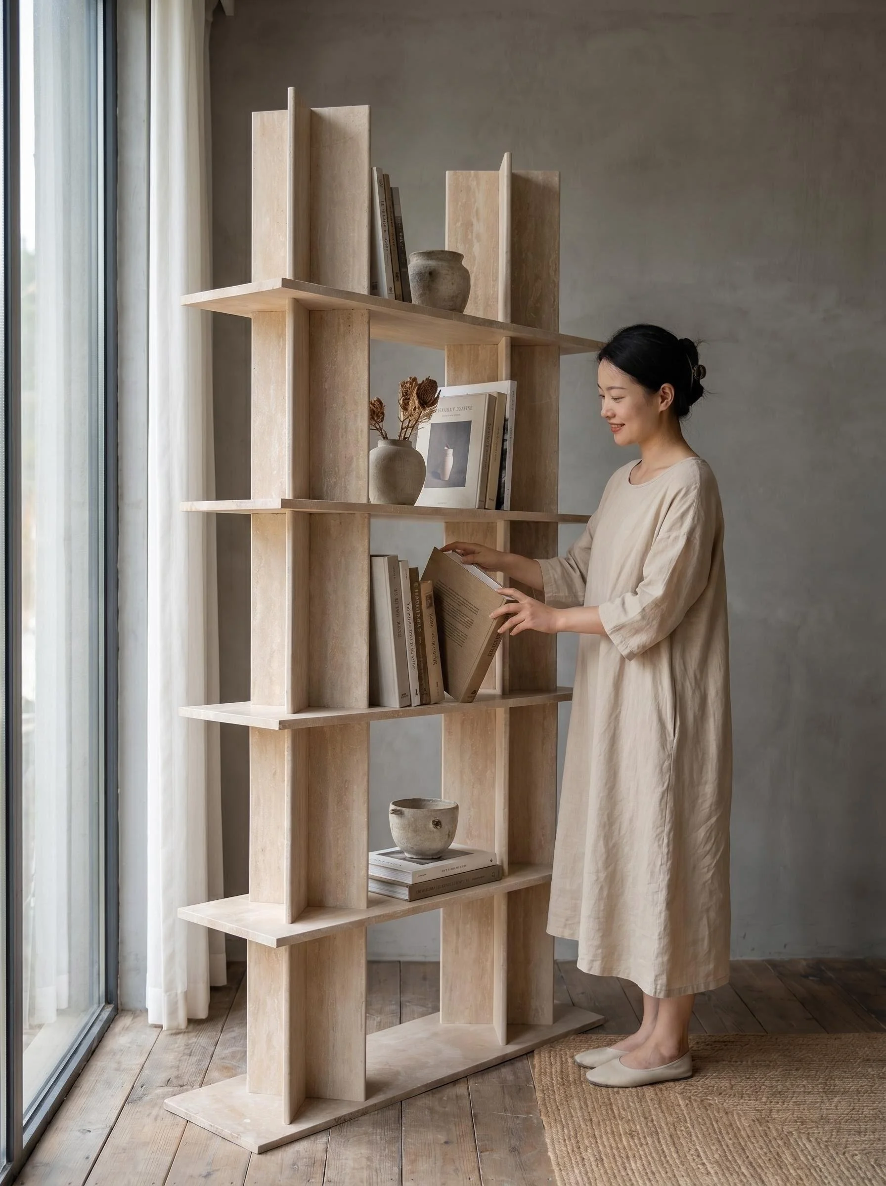 Natural travertine bookshelf luxury modern minimalist art solid cross structure floor-to-ceiling living room