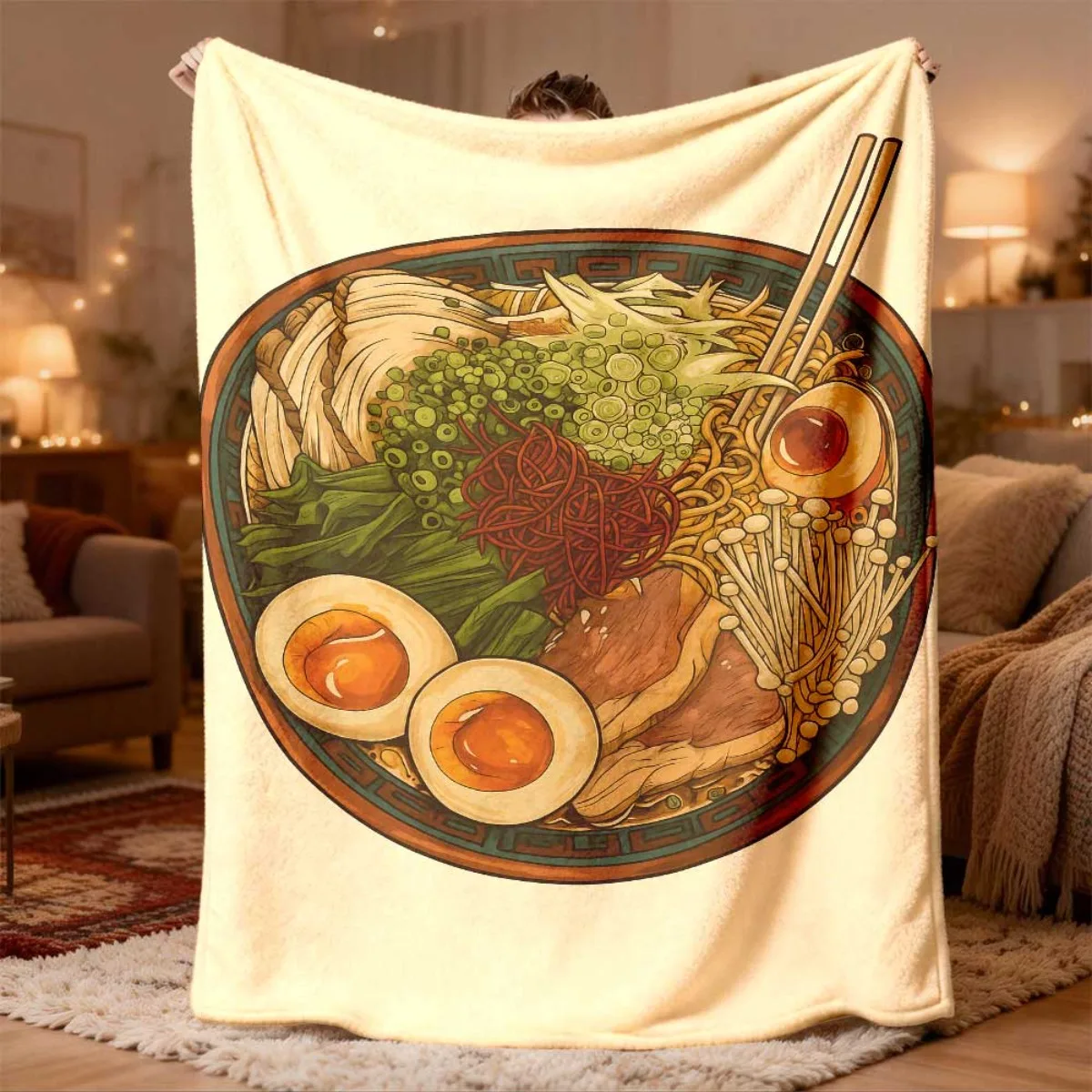 Cozy Ramen Noodles Illustration Blanket Throw Nap blanket for Sofa Couch Asian Food Lover Home Decor Gift Idea Soft Knit Plush T