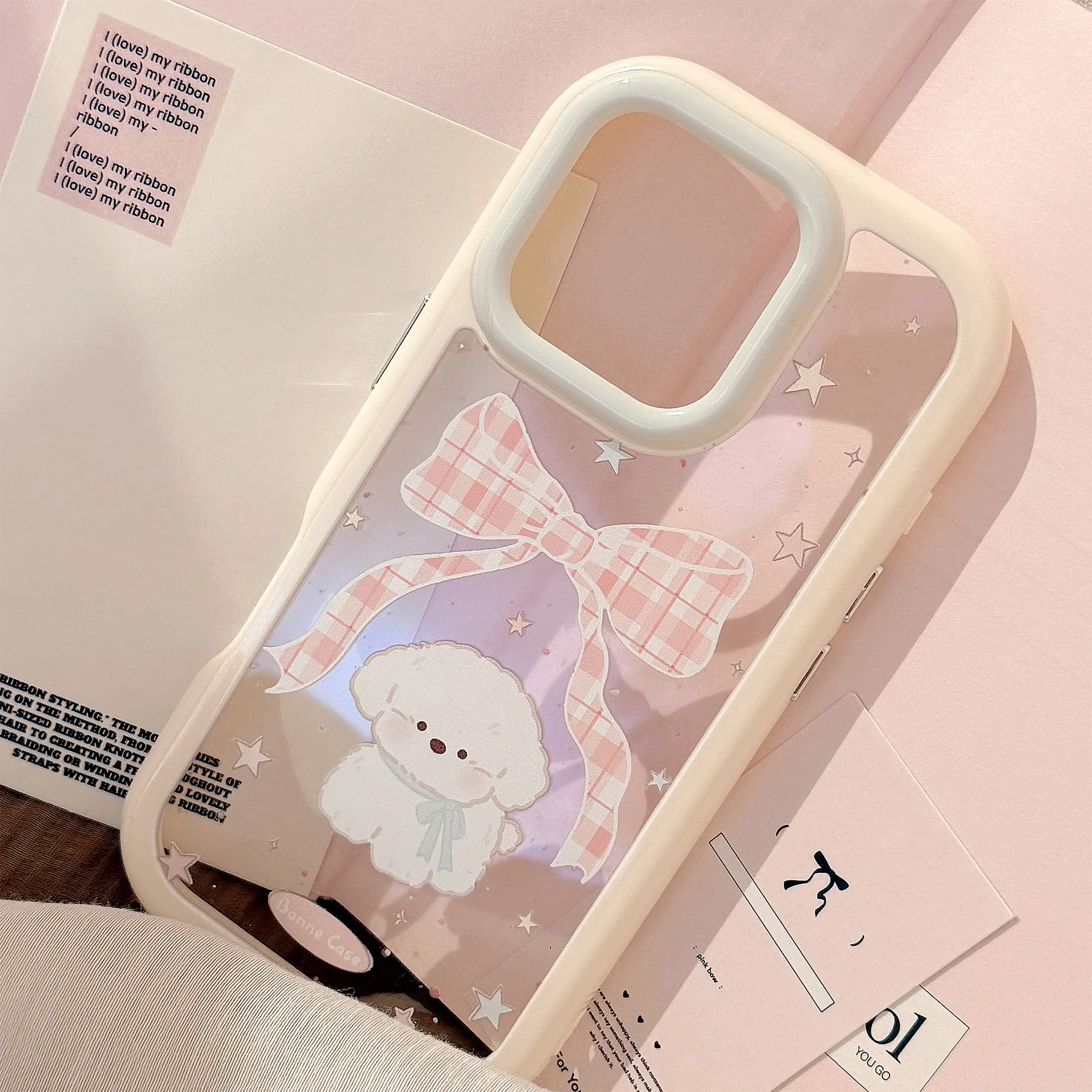 Koreanische Cartoon Plaid Bowknot Welpen Handyhülle für iPhone 16 15 14 13 12 11 Pro Max XS XR X Acryl klar stoßfest Hard Cover