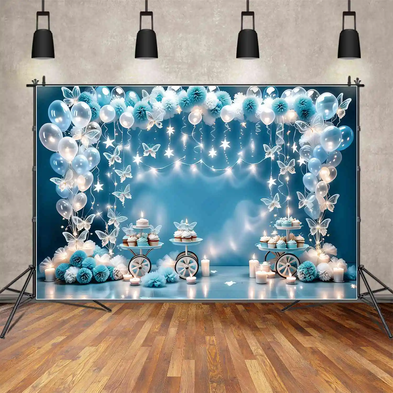 MOON.QG Backdrop Baby Shower Birthday Butterfly Balloon Flower Background for Boy Blue Candy Cart Candle Light Photography Props