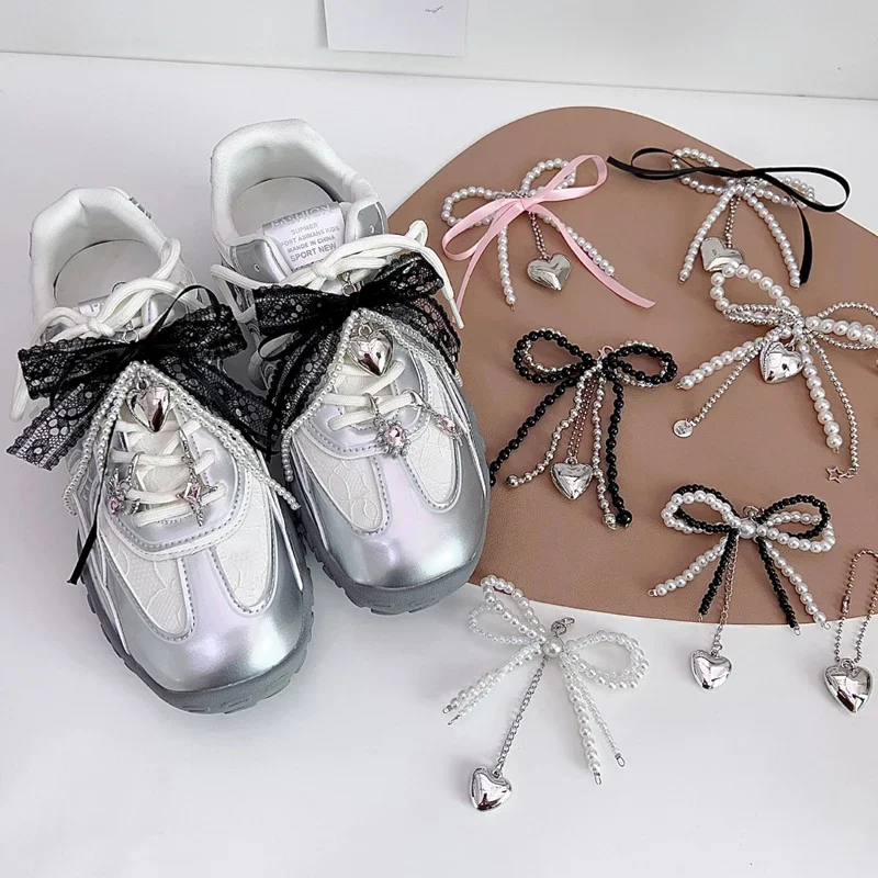 

Luxury Lace Pearl Bow Shoelaces Charms DIY Pendant Love Shoes Chain Buckle Sneakers Decorative Shoe Charm Accessories 1Pcs