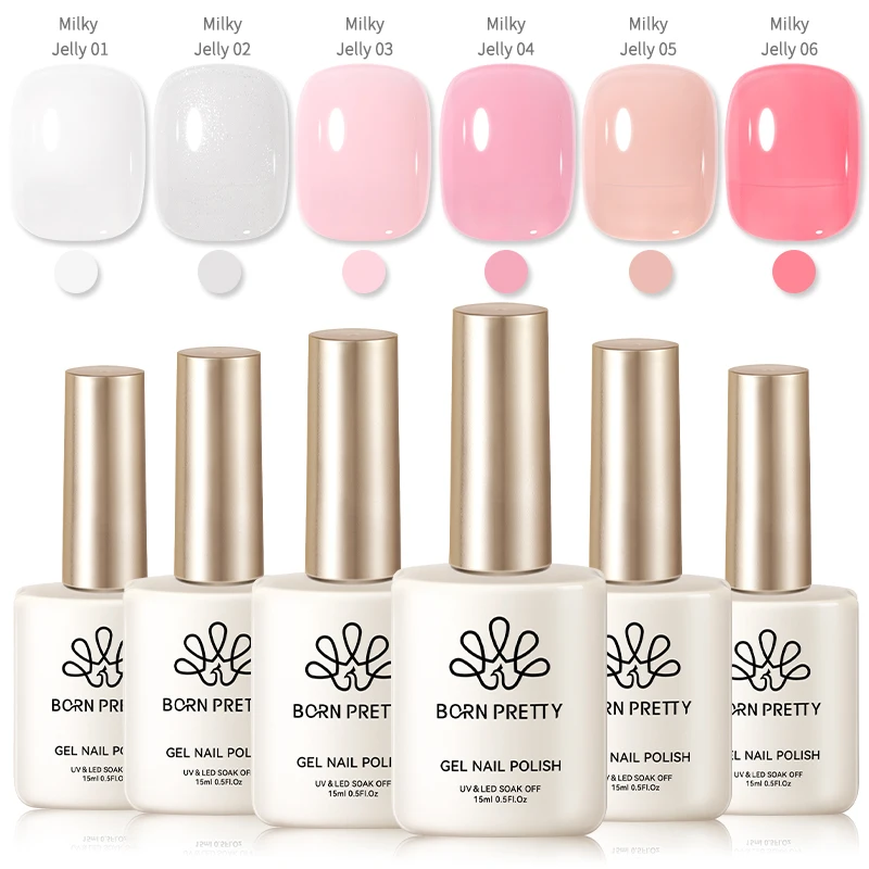 BORN PRETTY Nude Pink Jelly Gel Nail Polish of 6 Transparent Milky White Colors Sheer Gel Polish Kit for Manicure DIY at Home