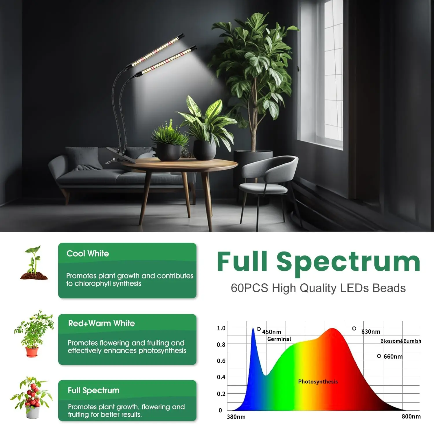 Full Spectrum Plant Grow Light with Clip Phytolamp, 10 Dimmable Levels, Auto On Off with 3/9/12H Timer